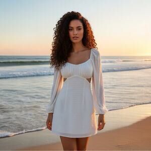 NWT Revolve Rumer Delilah Long Sleeve Beach Mini Dress Clip Dot White Small